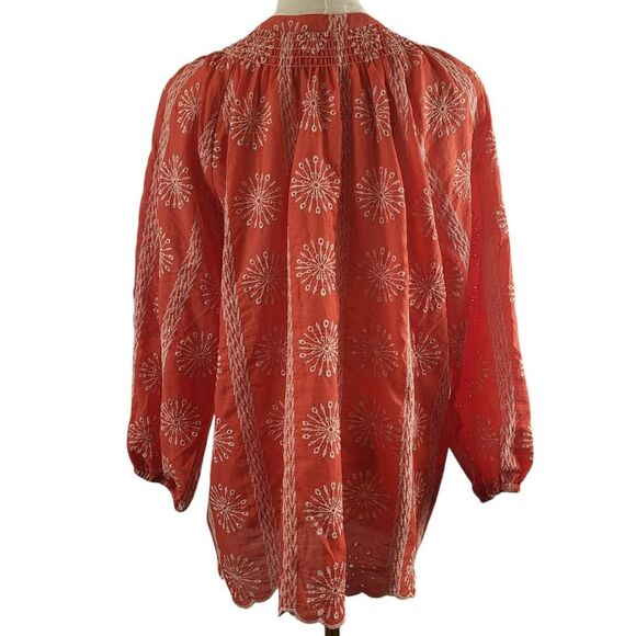 NEW Easel Small Red Tunic Blouse All Cotton Pullover White Eyelet Smocked BOHO - Picture 6 of 15